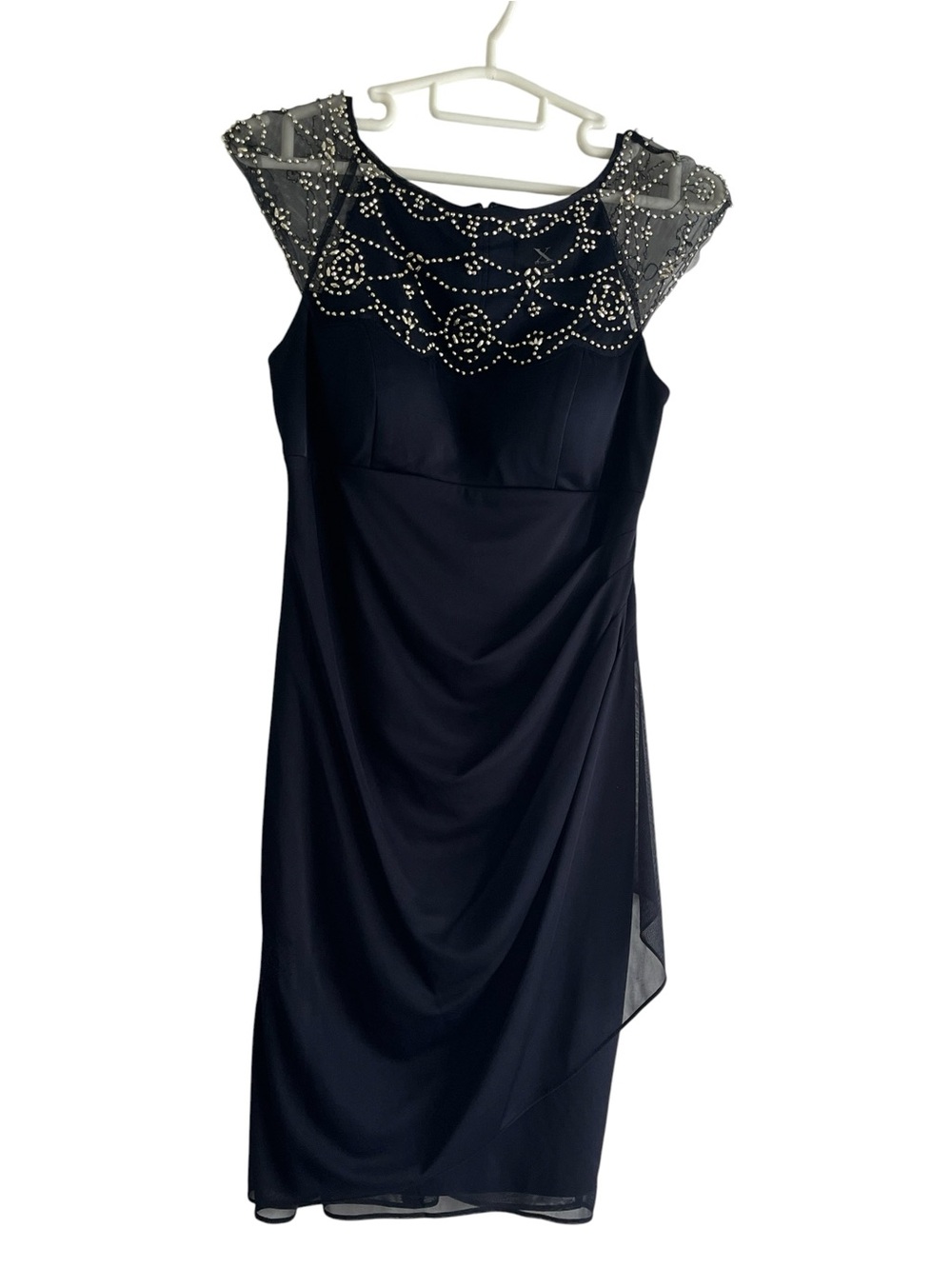 Xscape Navy Beaded Illusion Yoke Dress